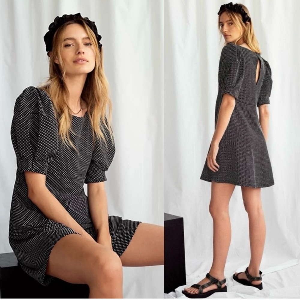 Free People Black Penelope Puff Sleeve Polka Dot Mini Dress